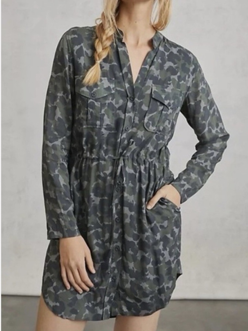 Anthropologie Cloth & Stone Nina Camo Long Sleeve Shirt Dress Green Waist Tie-XL